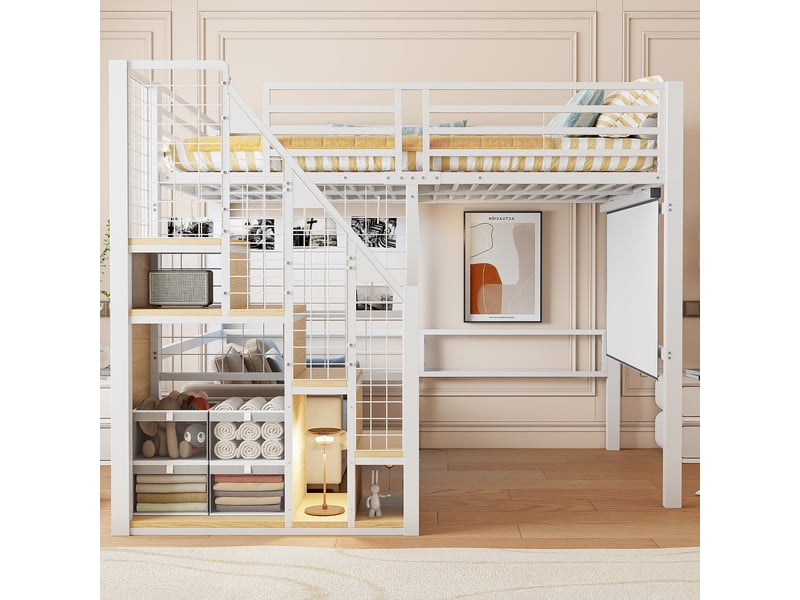  Lit mezzanine 140x200 avec échelle de sécurité, lit enfant en métal blanc avec espace de rangement, idéal pour adolescent  - Conforama B