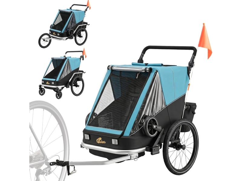  Remorque vélo 2 places 155x82x102 cm – bleue – poussette 2-en-1 pliable, sièges inclinables et rangement  - Conforama A