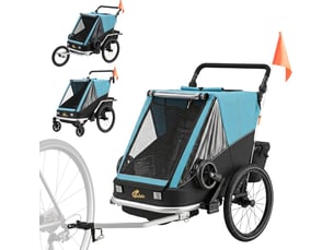 Remorque vélo 2 places 155x82x102 cm – bleue – poussette 2-en-1 pliable, sièges inclinables et rangement