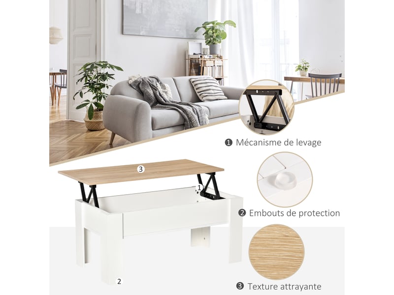  Table basse relevable, table de salon avec compartiment caché, style moderne, pour salon, bureau, 100x50x45cm, blanc  - Conforama R