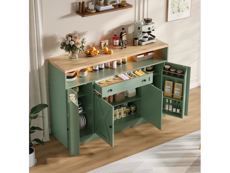  Buffet avec led rgb et  avec 4 portes et tiroir, buffet salon 140x35x95 cm en mdf vert, meubles de rangement  - Conforama B