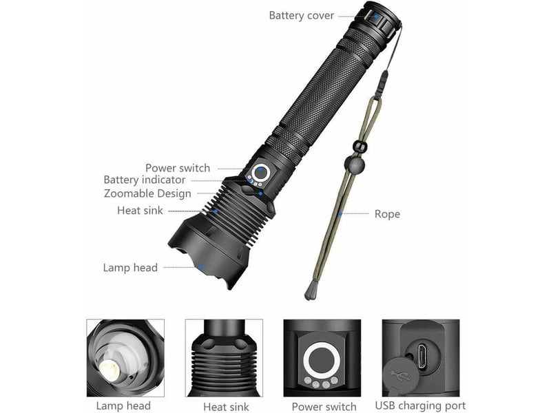  Lampe torche led, 4503500 lumens lampe de poche xhp70 puissante ajustable zoomable étanche torche, lampe torche rechargeable usb  - Conforama B
