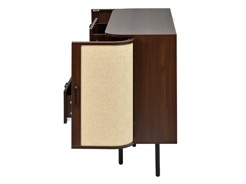 Meuble tv buffet bas rétro mdf noyer 120x40x82cm 2 portes 3 tiroirs poignées noires design arrondi - Conforama D