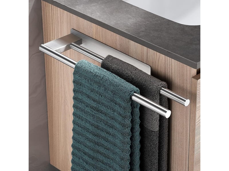  Porte-serviettes auto-adhésif en acier inoxydable, sans perçage, argent mat, porte-serviettes à deux bras, mural pour salle de bain  - Conforama A