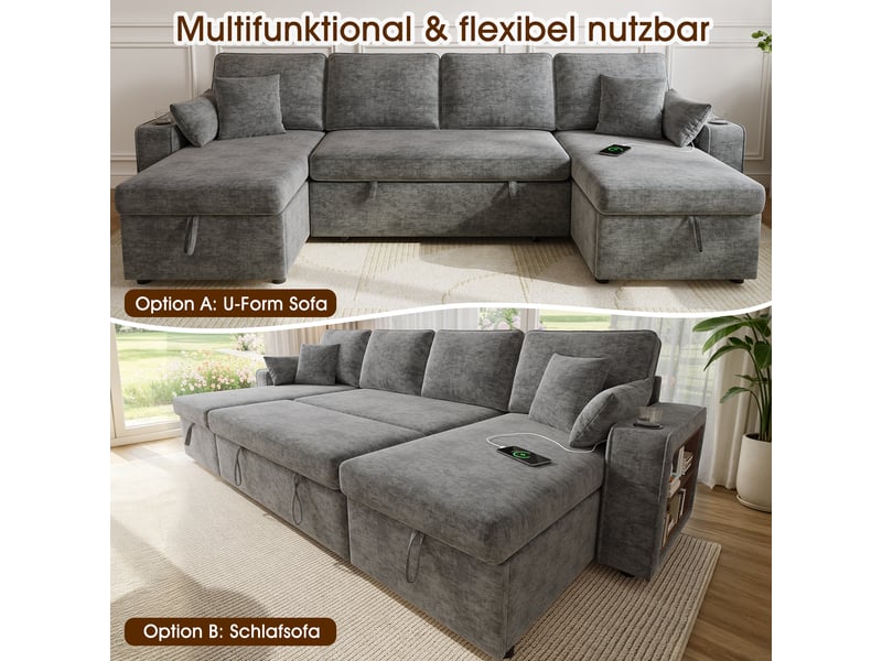  Canapé panoramique en u convertible 4 places avec rangement - usb, porte-gobelets, chenille gris  - Conforama E