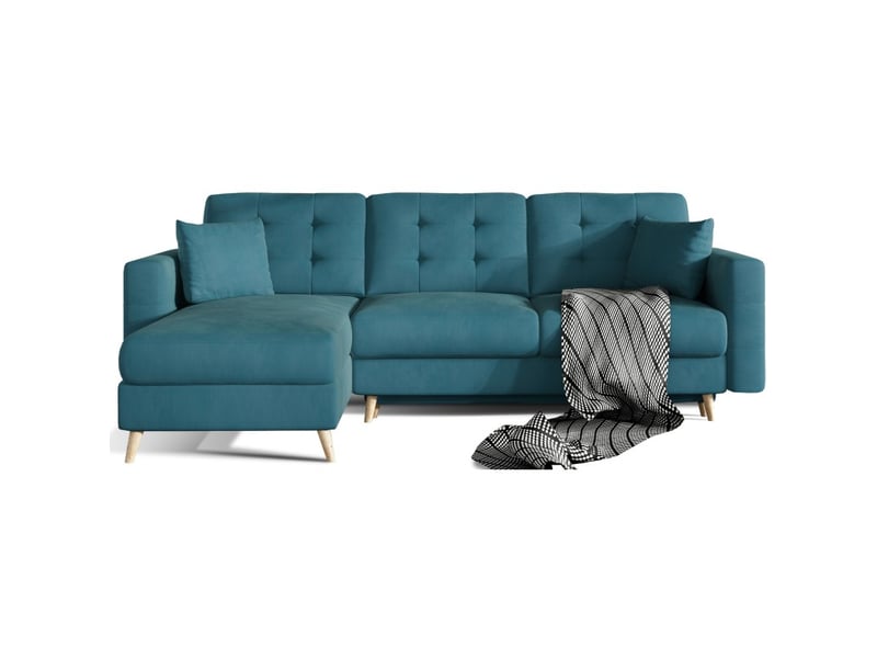  Canapé d'angle convertible hasgard 3 places bleu 248x162 cm – coffre et pieds bois  - Conforama A
