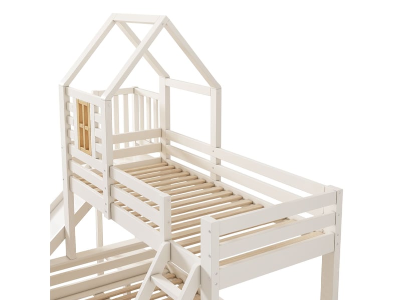  Lit superposé enfant 90x200, sécurité certifiée en747 lit superpose cabane, toboggan intégré, rangement intégré, sommier inclus  - Conforama D