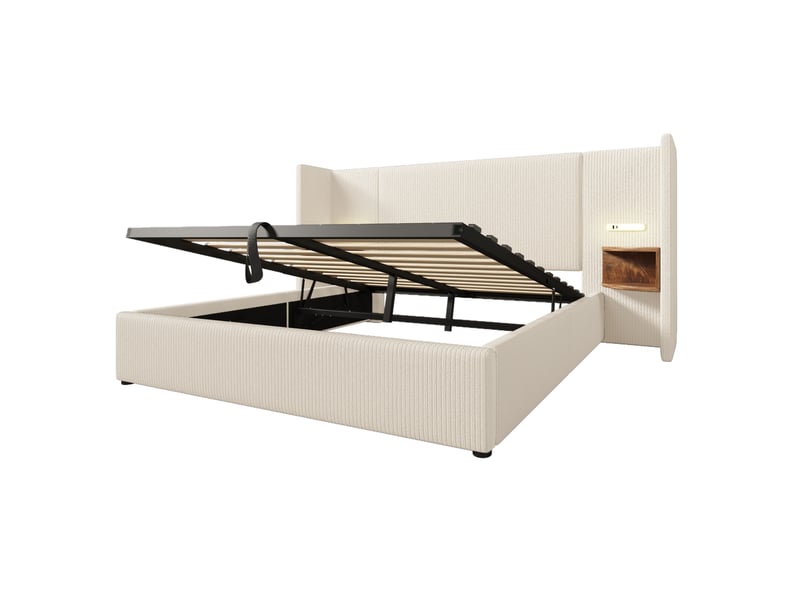 Cadre de lit, lit double 160x200 cm, rangement intégré, chevets intégrés, usbusb-c, velours côtelé beige, matelas inclus  - Conforama B
