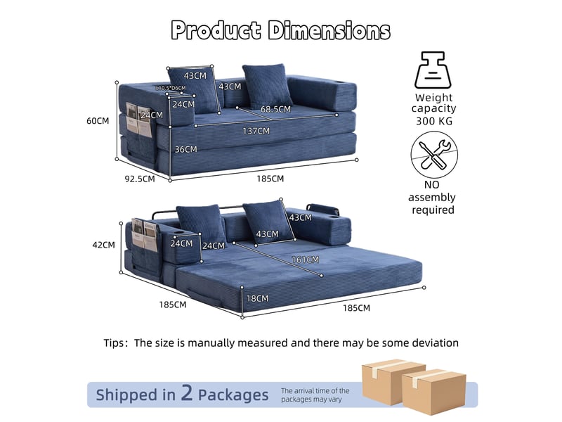  Canapé convertible pliable avec dossier rabattable, poches latérales et porte-gobelets, en velours côtelé bleu foncé  - Conforama D