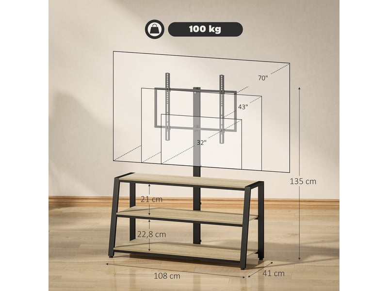  Meuble tv avec support pour téléviseurs de 32-70 pouces, étagères ouvertes, angle ajustable 35°, 108x41x135cm, effet bois naturel  - Conforama C