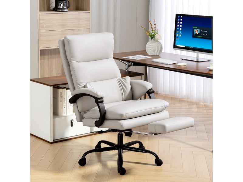  Chaise de bureau réglable en hauteur avec soutien lombaire, accoudoirs et repose-pieds, en similicuir gris clair  - Conforama D