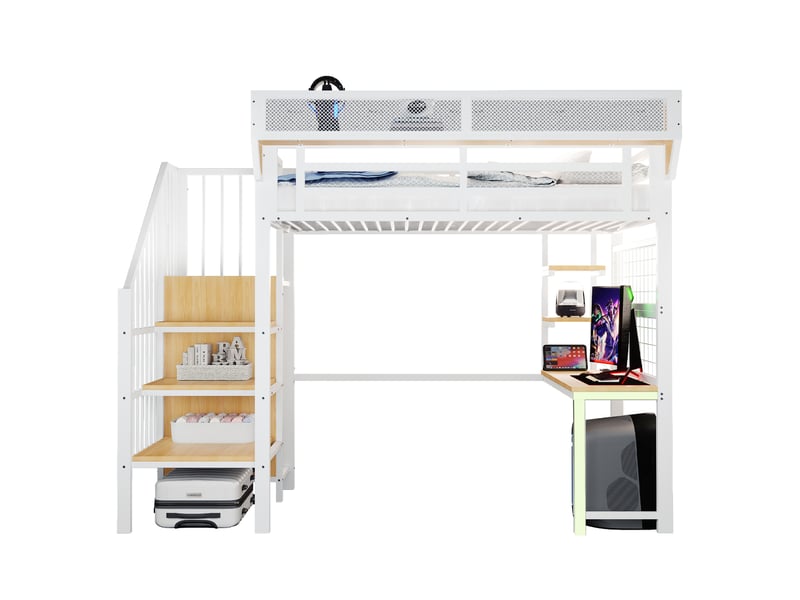  Lit mezzanine enfant 90x200 cm avec led et bureau, étagère et filet de rangement, échelle, métal+mdf, blanc sans matelas  - Conforama A