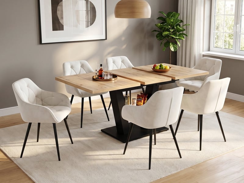 Ensemble table et 6 chaises salle à manger, table extensible 118-157 cm coloris bois, chaises modernes dossier ergonomique assise rembourrée  - Conforama B