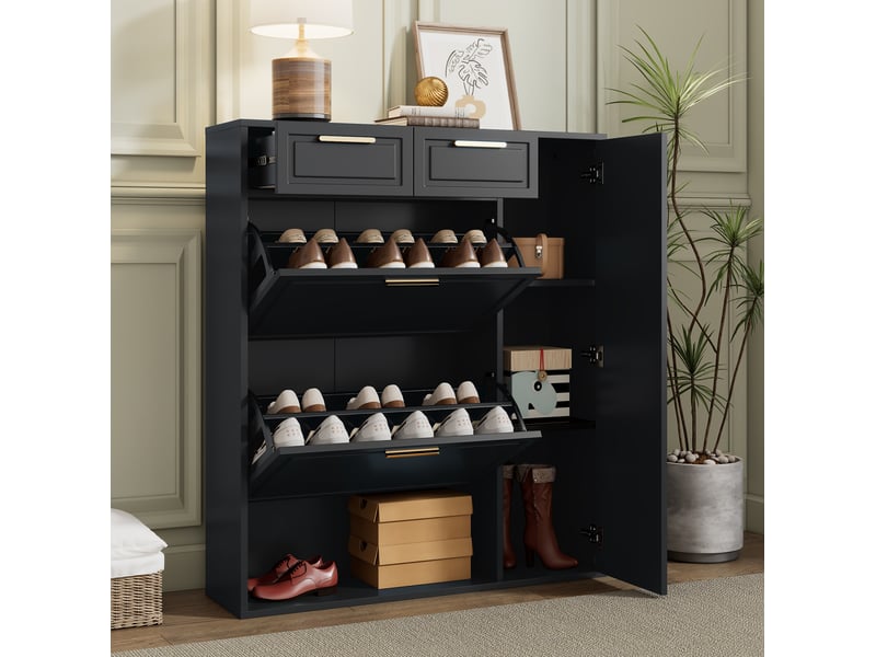  Meuble à chaussures ulevr avec rangement, 2 tiroirs et étagères réglables, 95 x 24 x 107 cm, panneaux de particules mdf, noir  - Conforama E