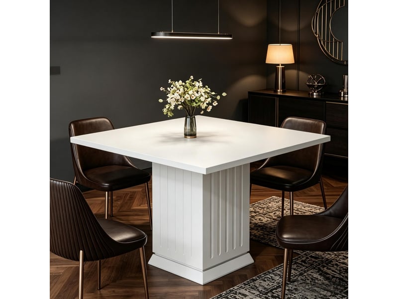  Table à manger carrée 90x90 cm – blanche – 4 places, pied central et plateau en panneau de particules  - Conforama E