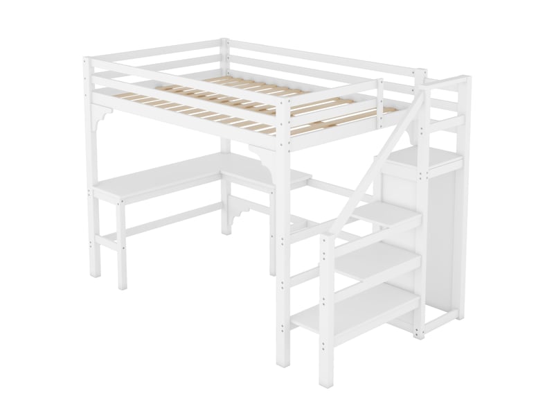  Lit superposé 140x200 cm pin blanc avec bureau intégré et armoire - style minimaliste  - Conforama A