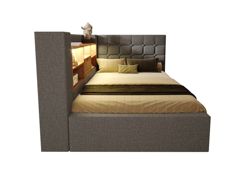  Modenvie lit coffre 90x200 cm - led, ports usb et usb-c, tete de lit en l, sans matelas - gris  - Conforama A
