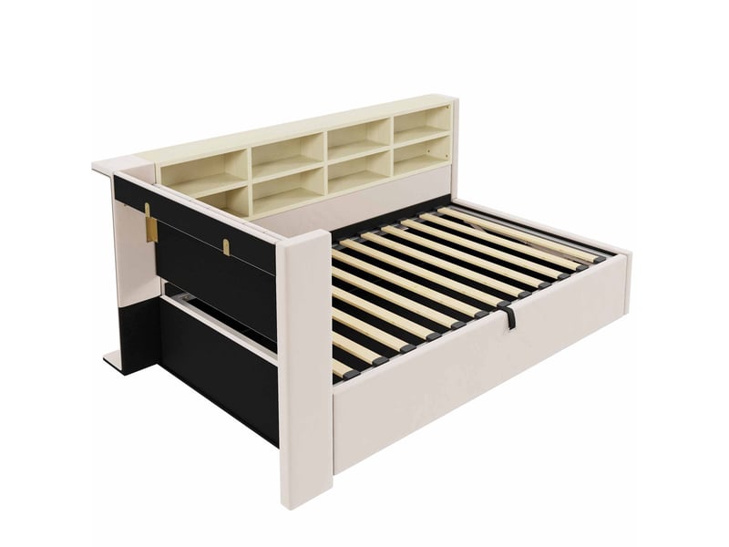  Lit coffre 90x200 cm, lit simple avec veilleuse et usb-c, velours beige, sans matelas  - Conforama R