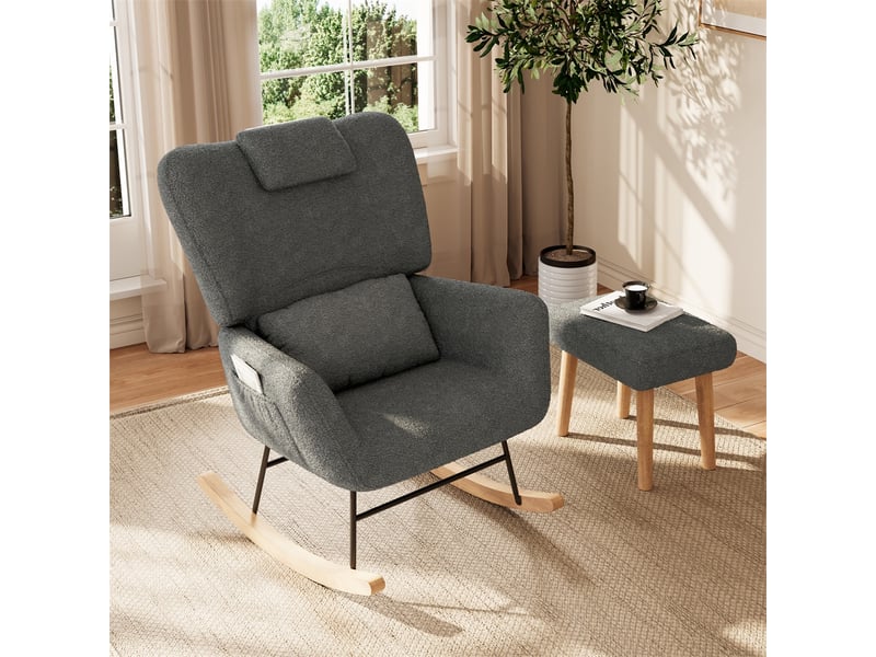  Fauteuil à bascule avec repose-pieds - 75x75x92,5 cm - rocking chair ergonomique en laine d'agneau et cadre métal - gris  - Conforama C