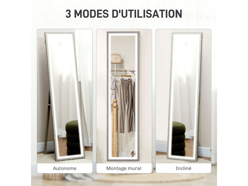 Grand miroir pleine longueur, miroir mural ou sur pied rectangulaire, gris, 40 x 160 cm avec éclairage led 3 couleurs  - Conforama W
