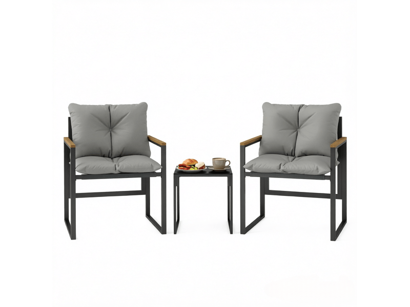  Salon de jardin 2 places noir et gris, fauteuils en métal avec coussins et table 40 cm en verre trempé  - Conforama A