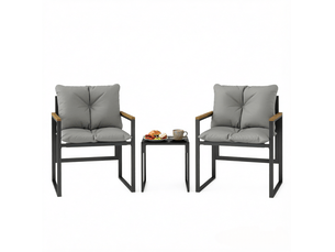 Salon de jardin 2 places noir et gris, fauteuils en métal avec coussins et table 40 cm en verre trempé