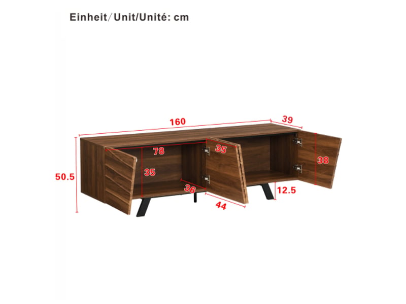  Meuble de tv 160cm,design moderne style noyer avec façade ondulée, pieds en fer noir, grand espace de rangement  - Conforama C