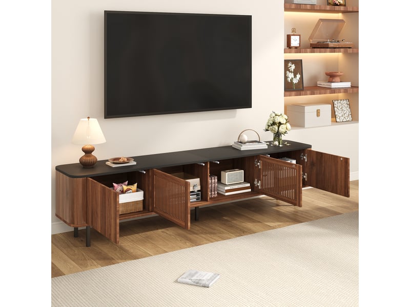 Meuble tv 190 x 35 x 45 cm, 4 portes dont 2 ajourées, rangements, pieds métal, décor noyer et noir, meuble bas de rangement pour le salon ABC - Conforama D