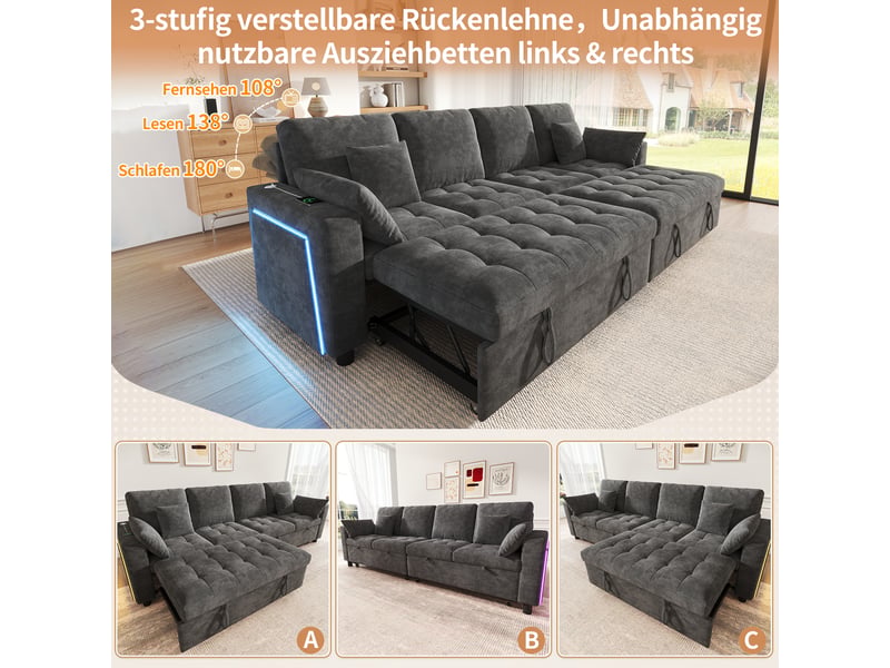 Canapé d'angle convertible 4 places avec led, usb et usb-c, dossier réglable et 4 coussins, en chenille gris  - Conforama E