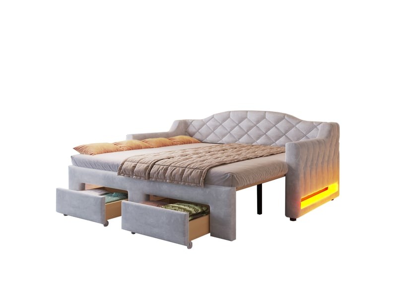  Lit banquette extensible 90x200-180x200 cm avec led, 2 tiroirs, lit gigogne, lit enfant, mdf, velours gris sans matelas  - Conforama A