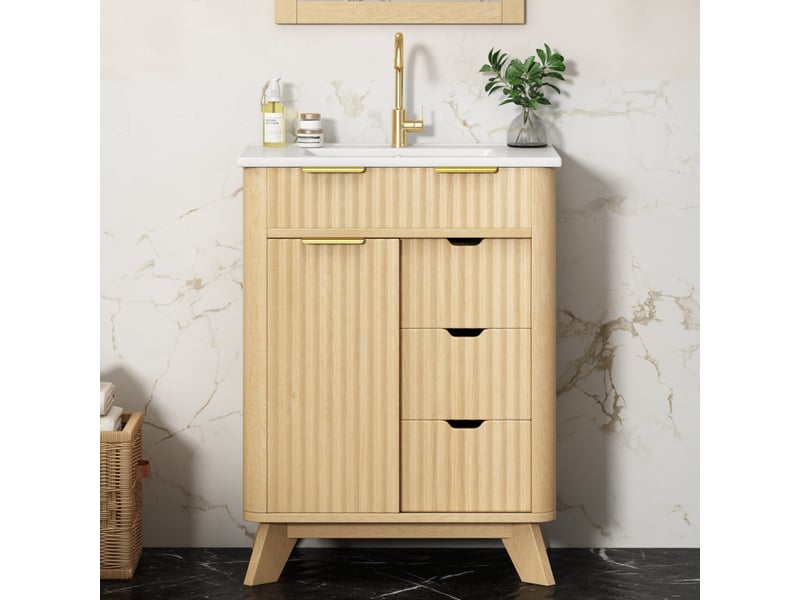  Meuble de salle de bain - 61x47x90cm - meuble sous-vasque avec vasque céramique, porte coulissante &amp; 3 tiroirs - bois naturel  - Conforama B