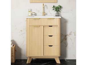 Meuble de salle de bain - 61x47x90cm - meuble sous-vasque avec vasque céramique, porte coulissante & 3 tiroirs - bois naturel