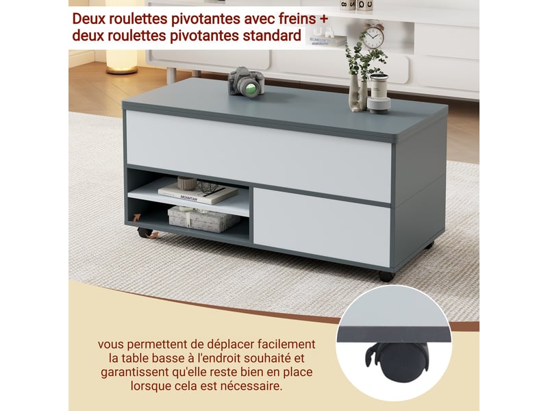 Table basse en panneau de particules gris, rectangulaire, plateau relevable, 100 x 98 x 65 cm - Conforama R