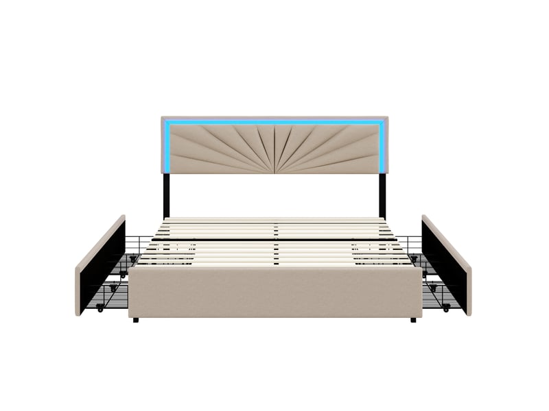  Lit 160x200cm - lit double 160x200 - lit rembourré avec 4 tiroirs, éclairage led tête de lit - tissu en lin beige  - Conforama A