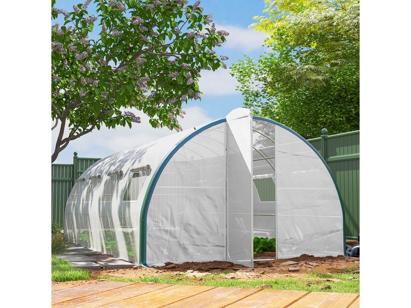  Serre tunnel de 6 x 3 m avec 2 entrées et 8 fenêtres, en pe, polyester et acier galvanisé, blanc et vert  - Conforama D