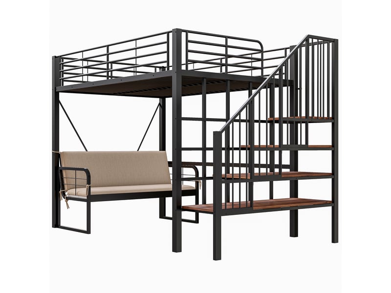  Lit superposé métal noir 140x200 cm, canapé rembourré amovible, rangement et escalier sécurisé  - Conforama E