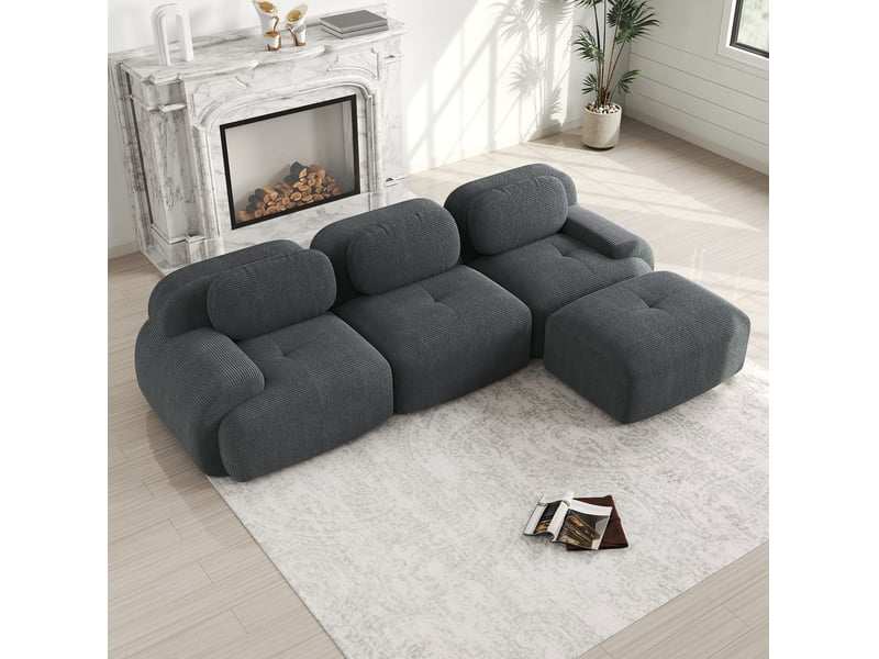 Canapé d'angle ulevr modulaire 3 places sans montage, velours côtelé gris, mousse 32d, 298 x 178 x 70 cm - Conforama B