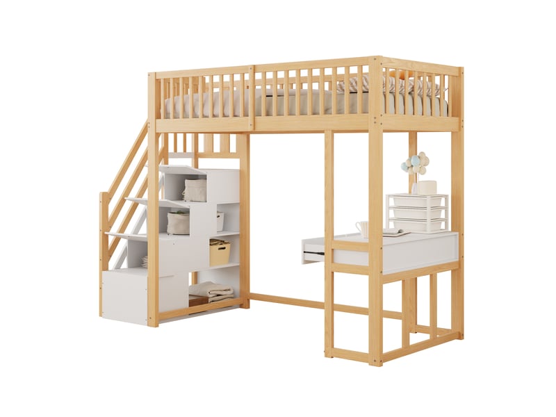  Lit mezzanine 90x200 cm, design moderne, avec table multifonction et escalier de rangement, bois, blanc, sans matelas  - Conforama A