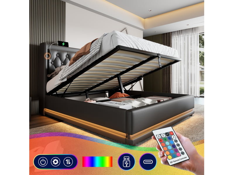  Lit coffre 160x200 cm noir en pu, tête de lit capitonnée, led et usb-c  - Conforama E