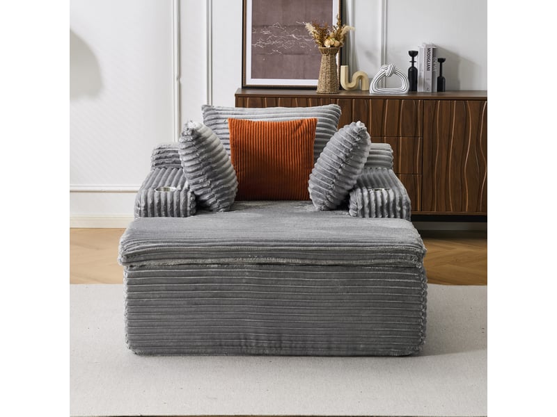  Canapé convertible sans cadre rigide avec 3 coussins  - accoudoirs porte-gobelets velours côtelé gris  - Conforama C