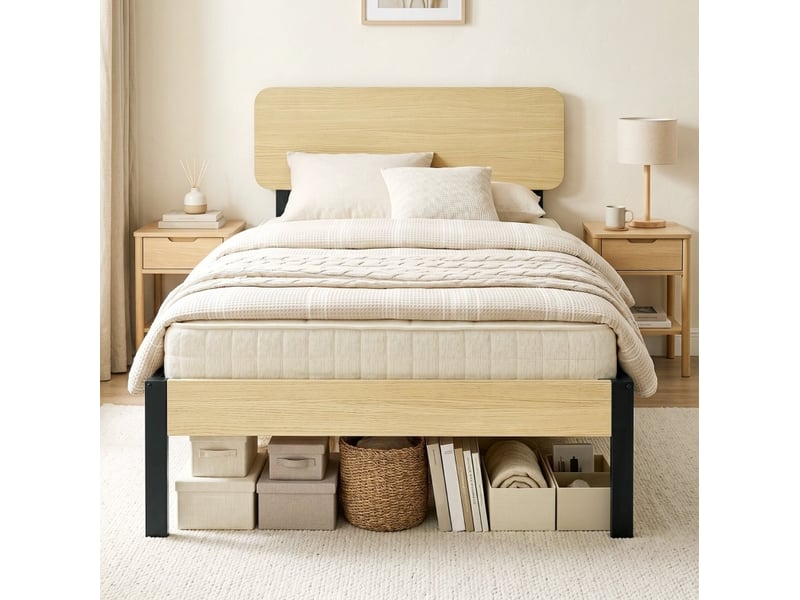  Lit simple 90x200 cm avec tête de lit et rangement sous le lit, en métal, noir et bois naturel  - Conforama B