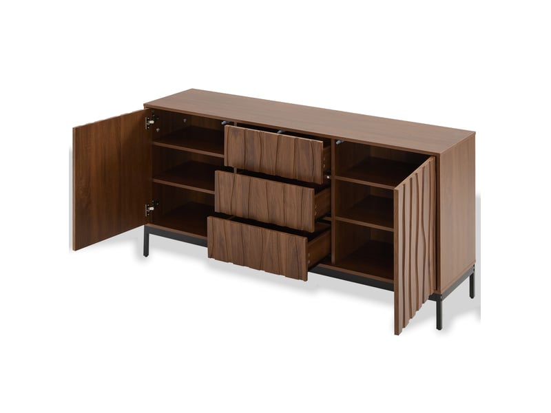 Buffet 150 x 40 x 80 cm bois foncé, 3 tiroirs, 2 portes, 2 étagères réglables pour rangement polyvalent - Conforama D
