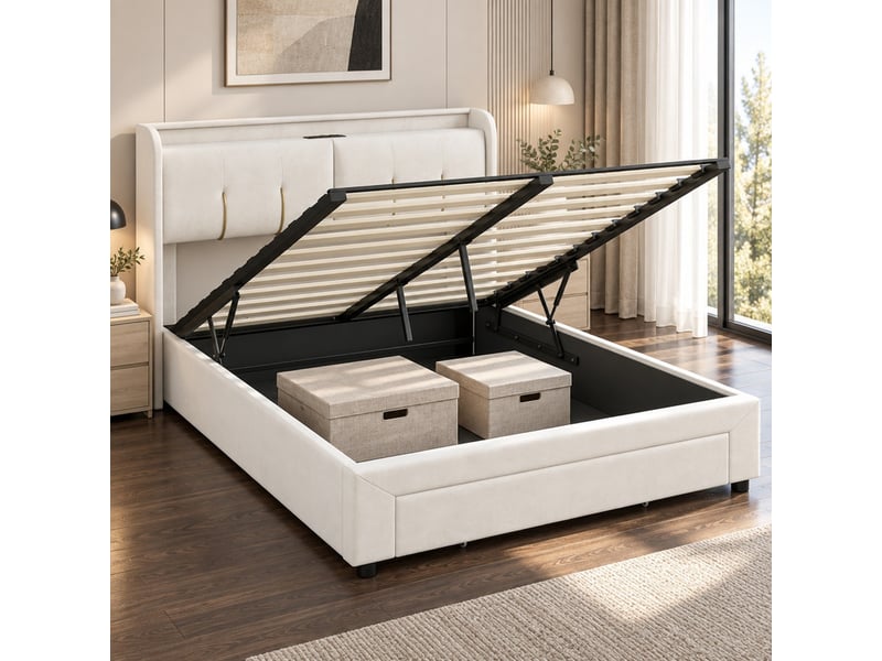 Lit coffre 2 places 160x200 cm, lit adulte avec rangement, ports usb, led, tiroir, velours blanc cassé - Conforama D