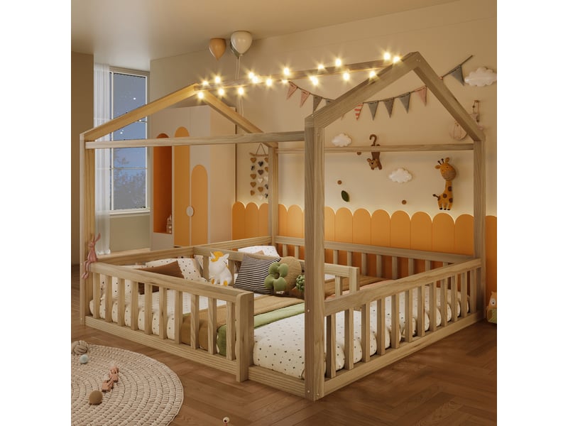 Lit cabane enfant 90 x 190 cm x2 180 x 190 cm effet bois naturel, séparable en 2 lits, led, barrières, pin massif et mdf, style minimaliste  - Conforama B