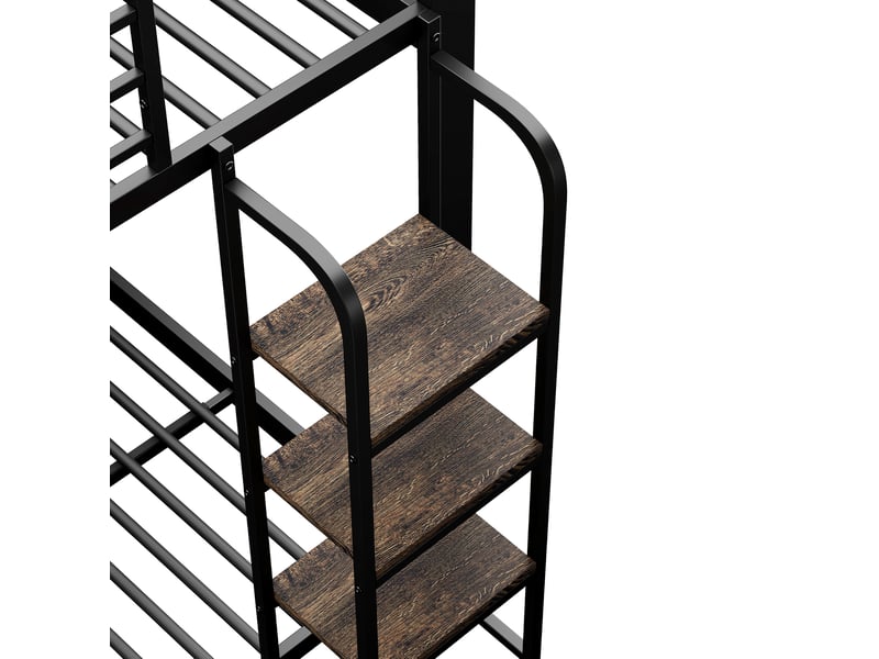  Lit superposé 140 × 200 cm 2 places avec étagères et barrières de sécurité, sans matelas, en métal noir  - Conforama E
