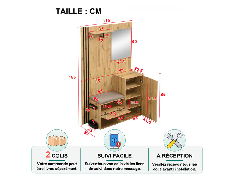 Meubles d'entrée avec miroir, assise rembourrée, étagères réglables et porte-parapluies en mdf 115×37×185 cm - Conforama D