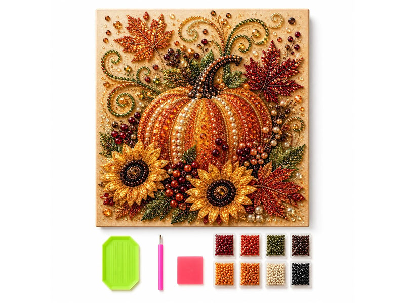 Kit de peinture perles automnal avec cadre – art diamant citrouille, perles et strass, pour adultes et débutants - Conforama A