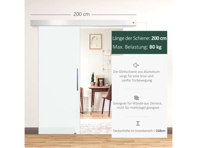  Porte coulissante en verre satiné 2050x900 mm avec kit complet, poignée barre, porte intérieure moderne à montage facile  - Conforama B