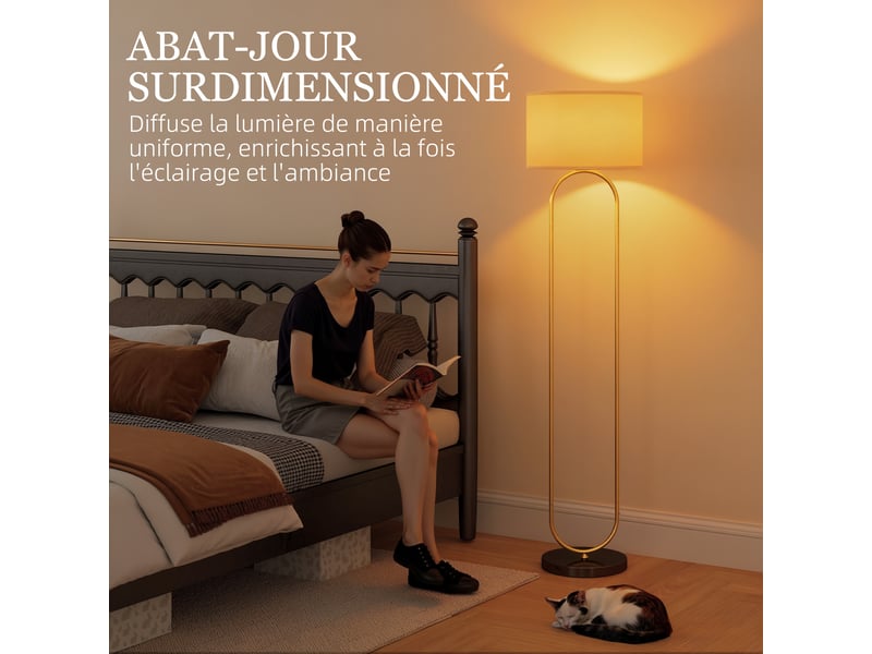  Lampadaire abat-jour en lin douille e27 style interrupteur moderne à pied pour salon et chambre 156 cm doré et noir  - Conforama E