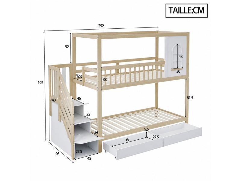  Lit superposé enfant, lit 2 places avec escalier à tiroirs, 2 tiroirs et barrières, 90x200 cm, sans matelas  - Conforama D